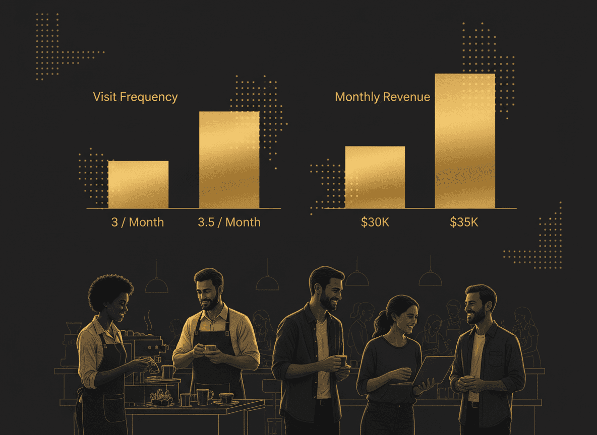 Simple bar chart mockup showing visit frequency rising from 3 to 3.5 visits/month and the resulting monthly revenue lift for a $30k/mo cafe.