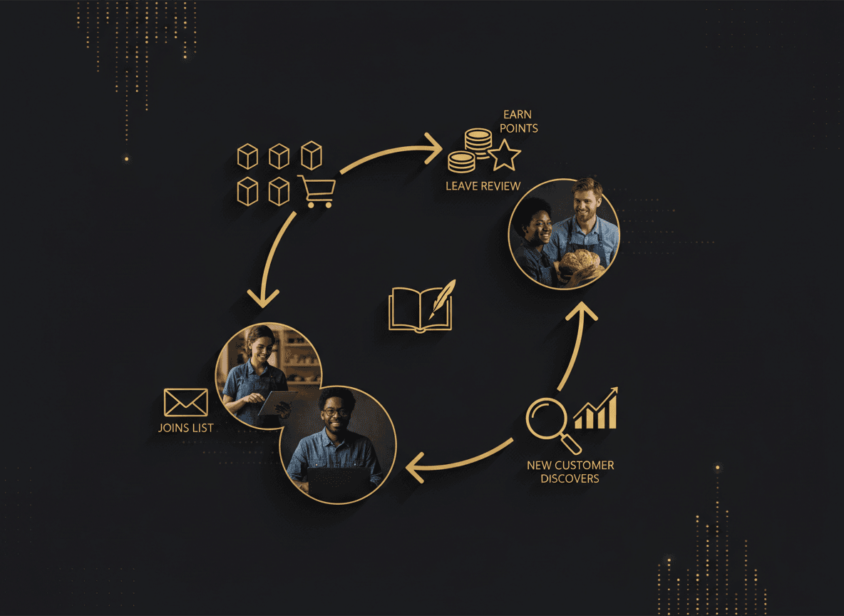 Flow diagram showing the compounding loop: direct order → earn points → leave review → new customer discovers → joins list.
