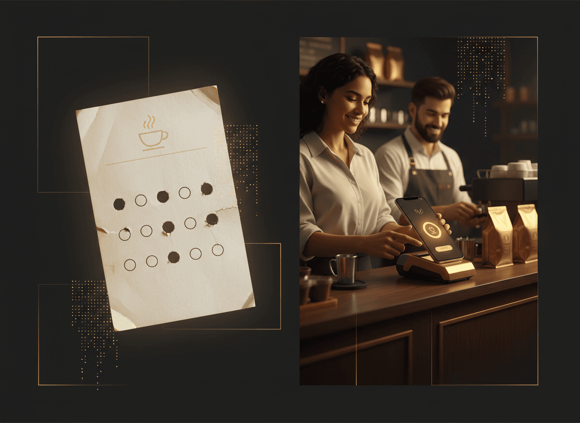 Split image: a worn-out paper punch card on one side, a clean phone-based loyalty signup at a cafe counter on the other, illustrating old vs. first-party loyalty.