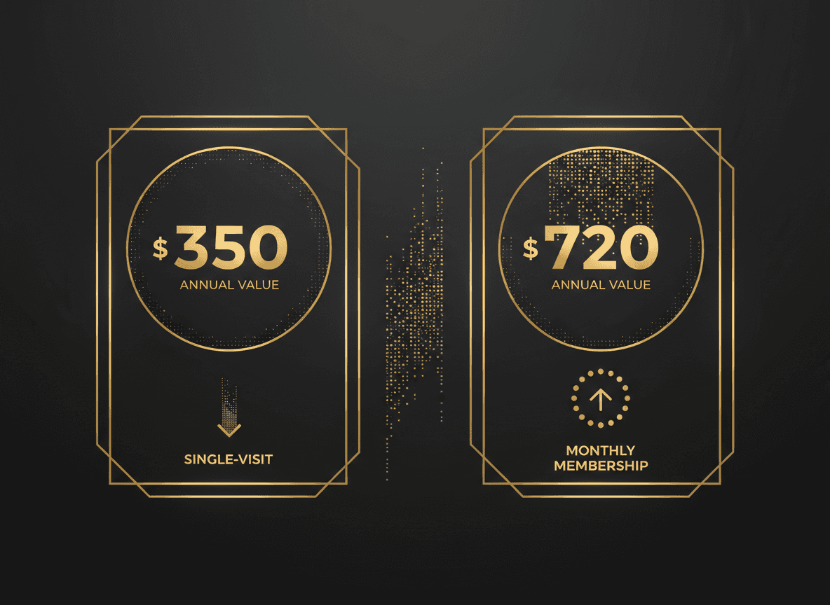 Simple side-by-side comparison graphic: single-visit annual value ($350) vs monthly membership annual value ($720).