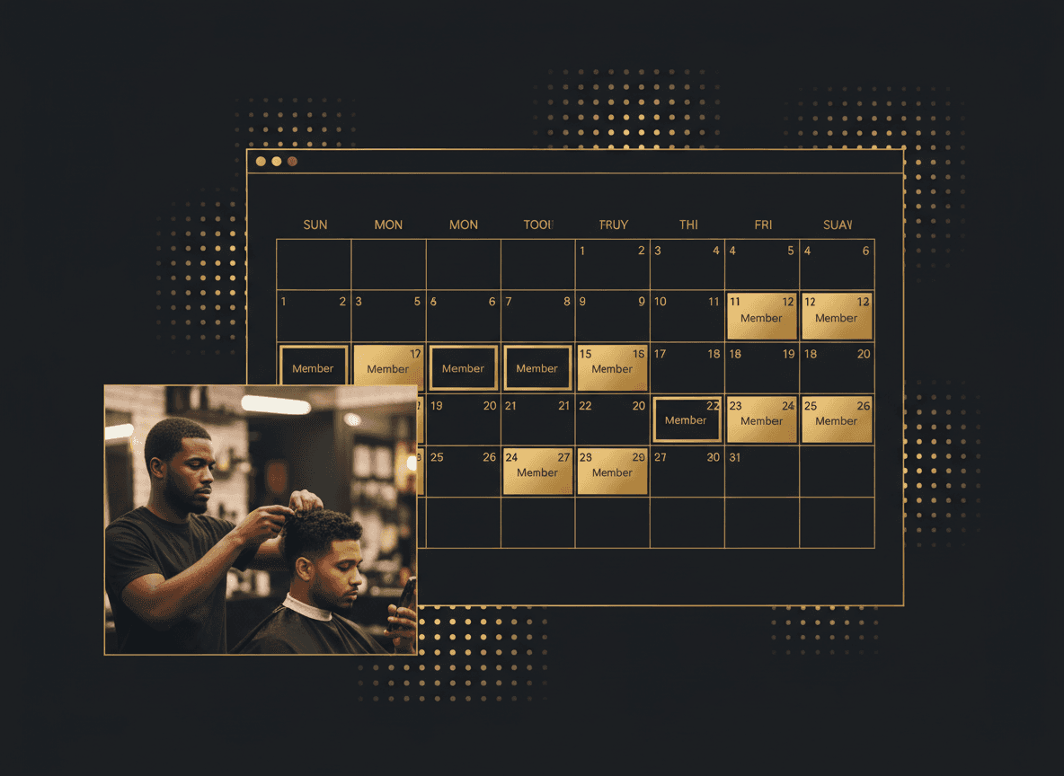 Screenshot-style mockup of a barbershop calendar filled two weeks out with member appointments highlighted.