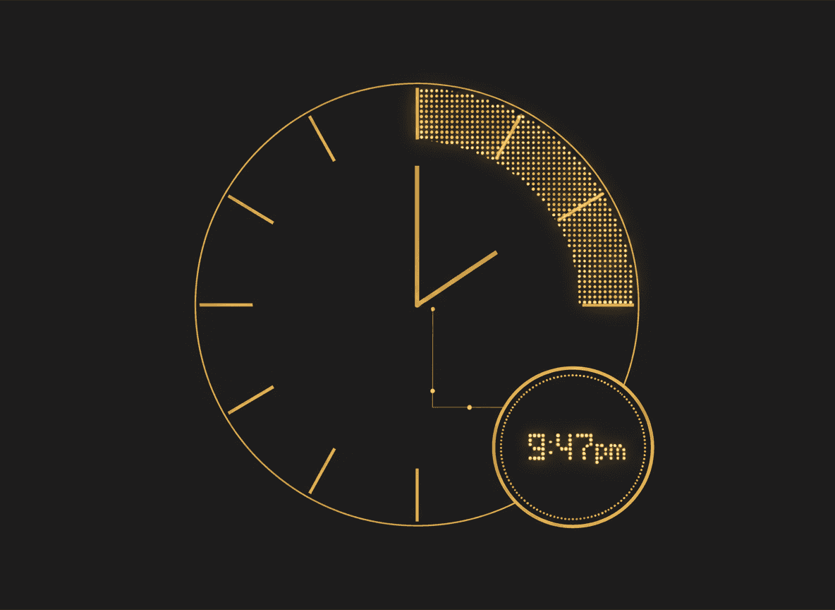 A 24-hour clock highlighting the ~40 hours a front desk is open versus the 128 hours a booking system stays active, with an evening timestamp callout (9:47pm).
