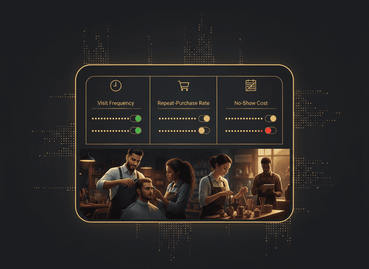 Clean three-column checklist card labeled Visit Frequency, Repeat-Purchase Rate, and No-Show Cost with green/red toggle icons for quick self-assessment.