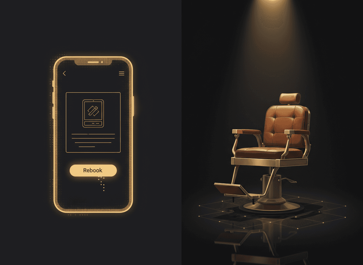 Split-screen visual: a phone showing a barbershop booking app with a 'Rebook' button on one side, an empty barber chair on the other — framing the retention leak versus the fix.