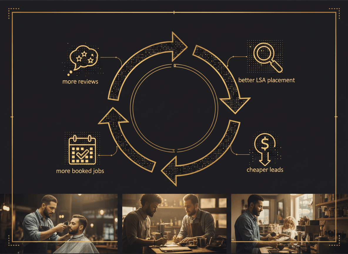 Flywheel diagram showing the loop: more reviews → better LSA placement → cheaper leads → more booked jobs → more reviews.