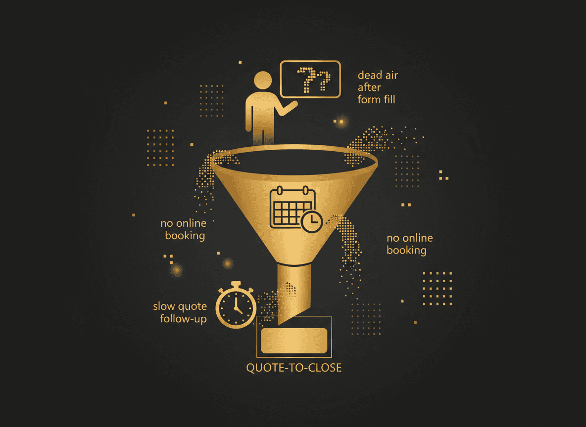 Simple funnel graphic showing the quote-to-close window with three labeled leak points: dead air after form fill, no online booking, slow quote follow-up.