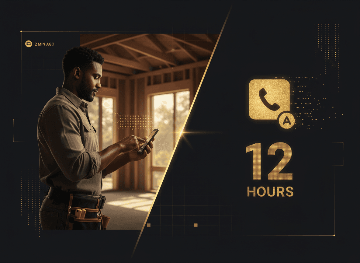 Split image: a contractor texting a homeowner back within minutes on one side, a missed voicemail notification on the other — visualizing the speed gap that wins or loses the job.