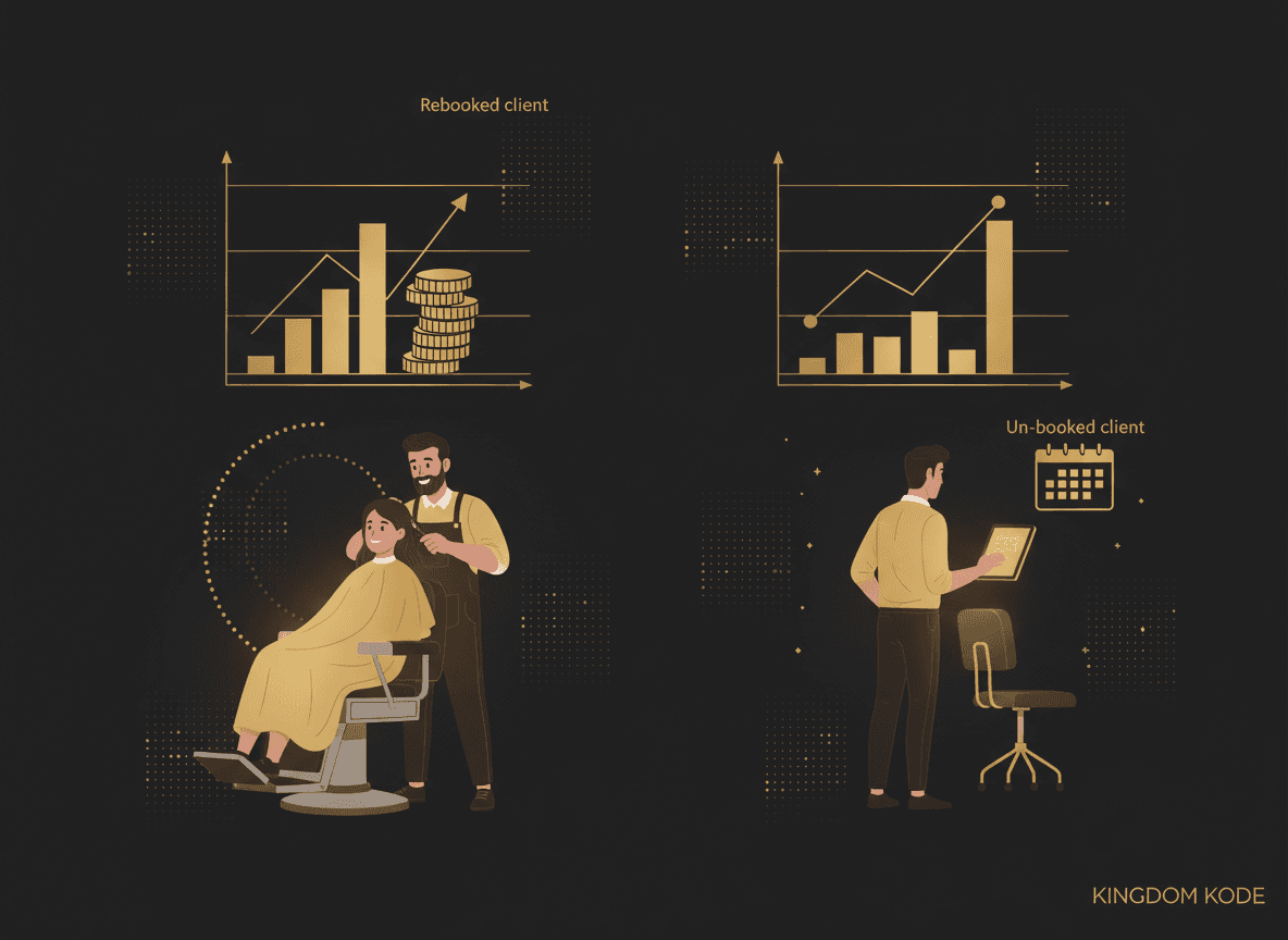 Simple two-column comparison graphic: 'Rebooked client — 13 visits, $455/yr' vs 'Un-booked client — 6 visits, $210/yr,' visualizing the annual value gap.