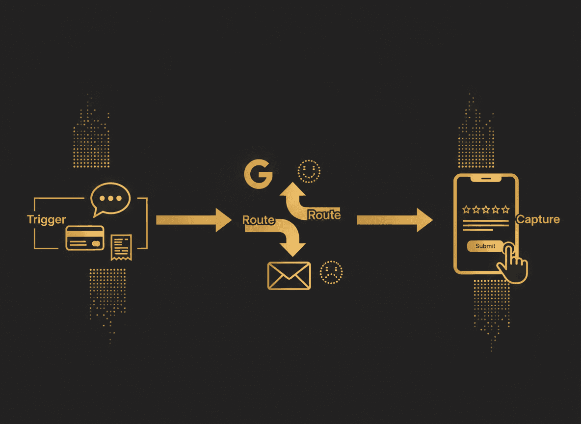 Simple flow diagram of the review engine: Trigger (post-payment text) → Route (happy → Google, unhappy → private inbox) → Capture (one-tap pre-filled review).