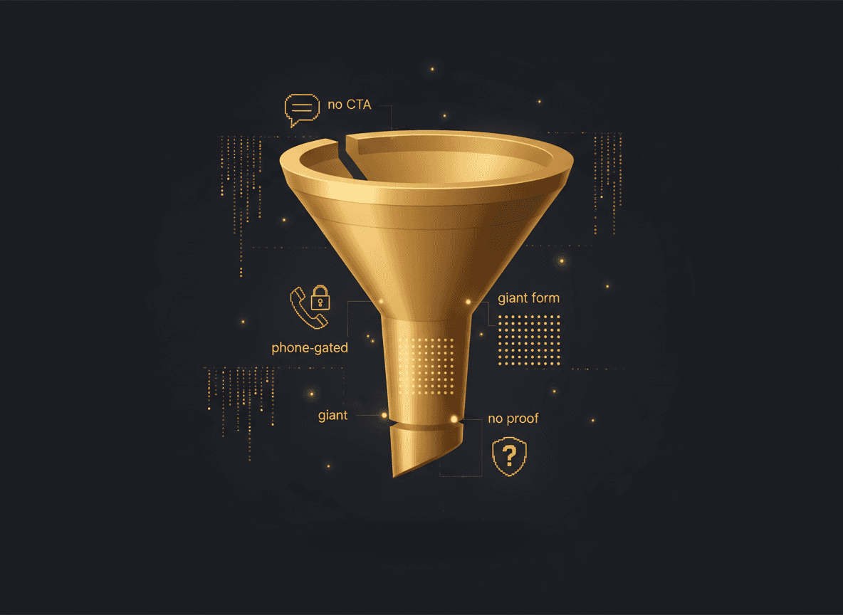 Annotated funnel graphic with four leak points labeled: no CTA, phone-gated, giant form, no proof.