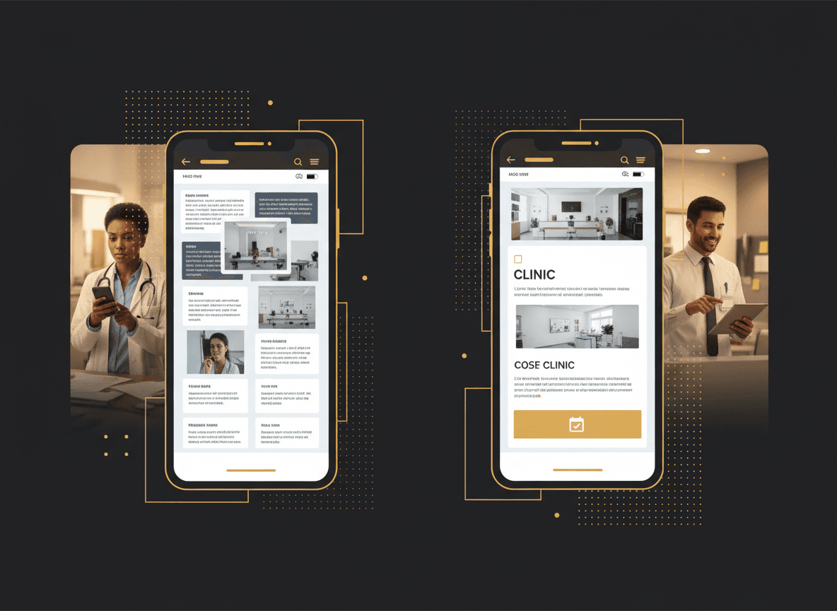 Split-screen graphic: a cluttered phone-only clinic website on the left vs. a clean site with a bold 'Book Your First Visit' button on the right.