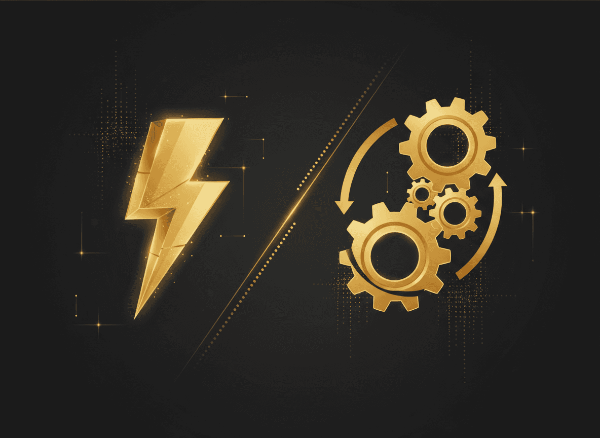 Split-screen graphic: a lone lightning bolt labeled 'hope' vs. a connected loop of gears labeled 'installed referral engine'.
