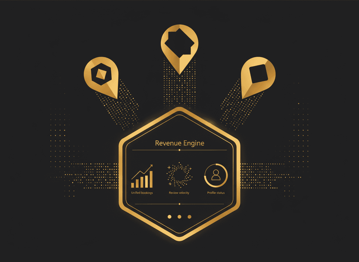 Simple diagram: multiple location pins funneling into one central 'Revenue Engine' dashboard showing unified bookings, review velocity, and profile status.
