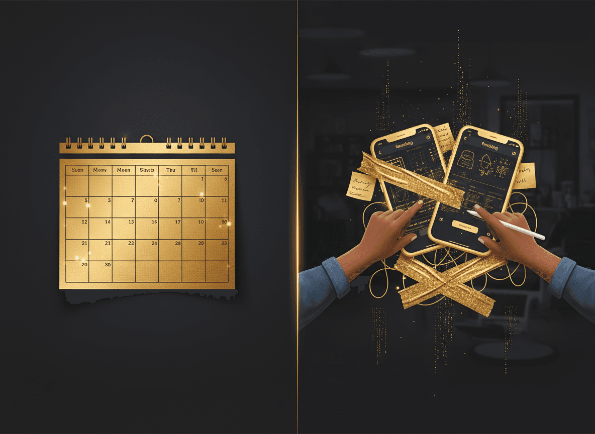 Split-screen image of a single tidy calendar on one side and a chaotic tangle of two different booking apps, two phones, and sticky notes on the other — visualizing one location vs. two running on duct tape.