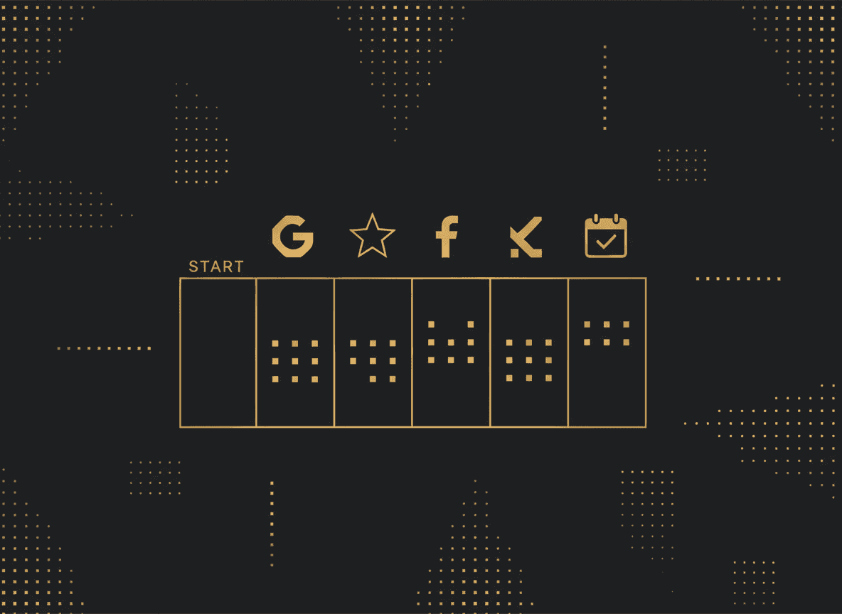 Simple calendar-style graphic showing the weekly review-scan cadence across Google, Yelp, Facebook, and a booking tool icon.