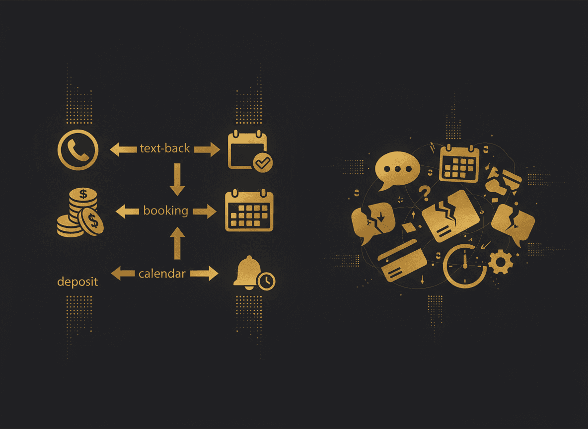 A flow diagram showing ring → text-back → booking → deposit → calendar → reminder as one connected system versus a messy tangle of disconnected apps.