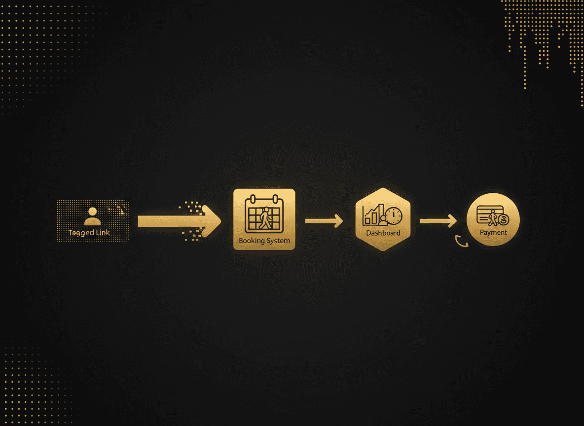 Simple flow diagram showing the connected stack: Tagged Link → Booking System → Dashboard → Payment, with 'source' following the customer through each step.