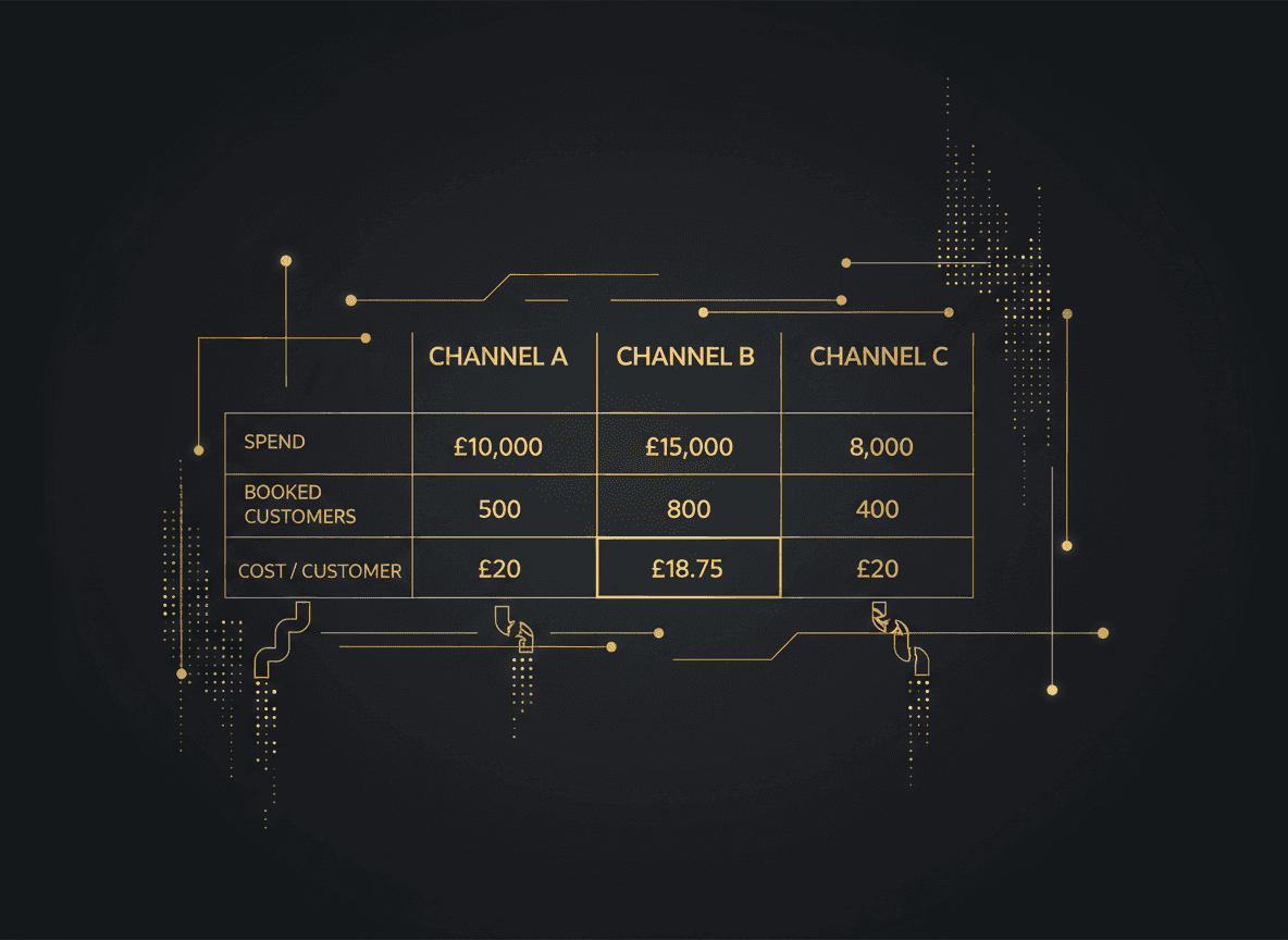 Clean comparison table visual showing three channels with spend, booked customers, and cost-per-booked-customer highlighted to show the winner and the leak.