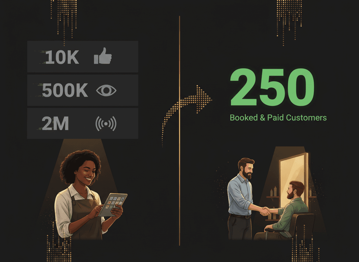 Split-screen graphic: left side shows vanity metrics (impressions, likes, views) in grey; right side shows one bold green number labeled 'Booked & Paid Customers' with an arrow connecting source to sale.