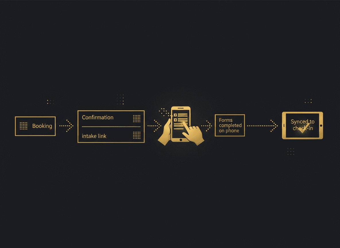 Simple horizontal flow diagram: Booking → Confirmation + intake link → Forms completed on phone → Synced to check-in, with a green checkmark at the end.