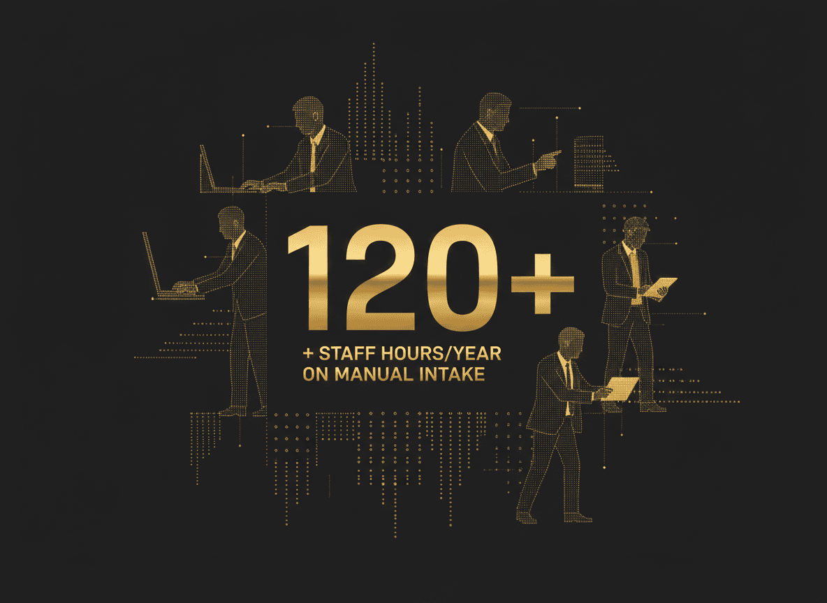 Clean infographic tile showing '120+ staff hours/year on manual intake' as an illustrative figure, styled as a bold stat callout.