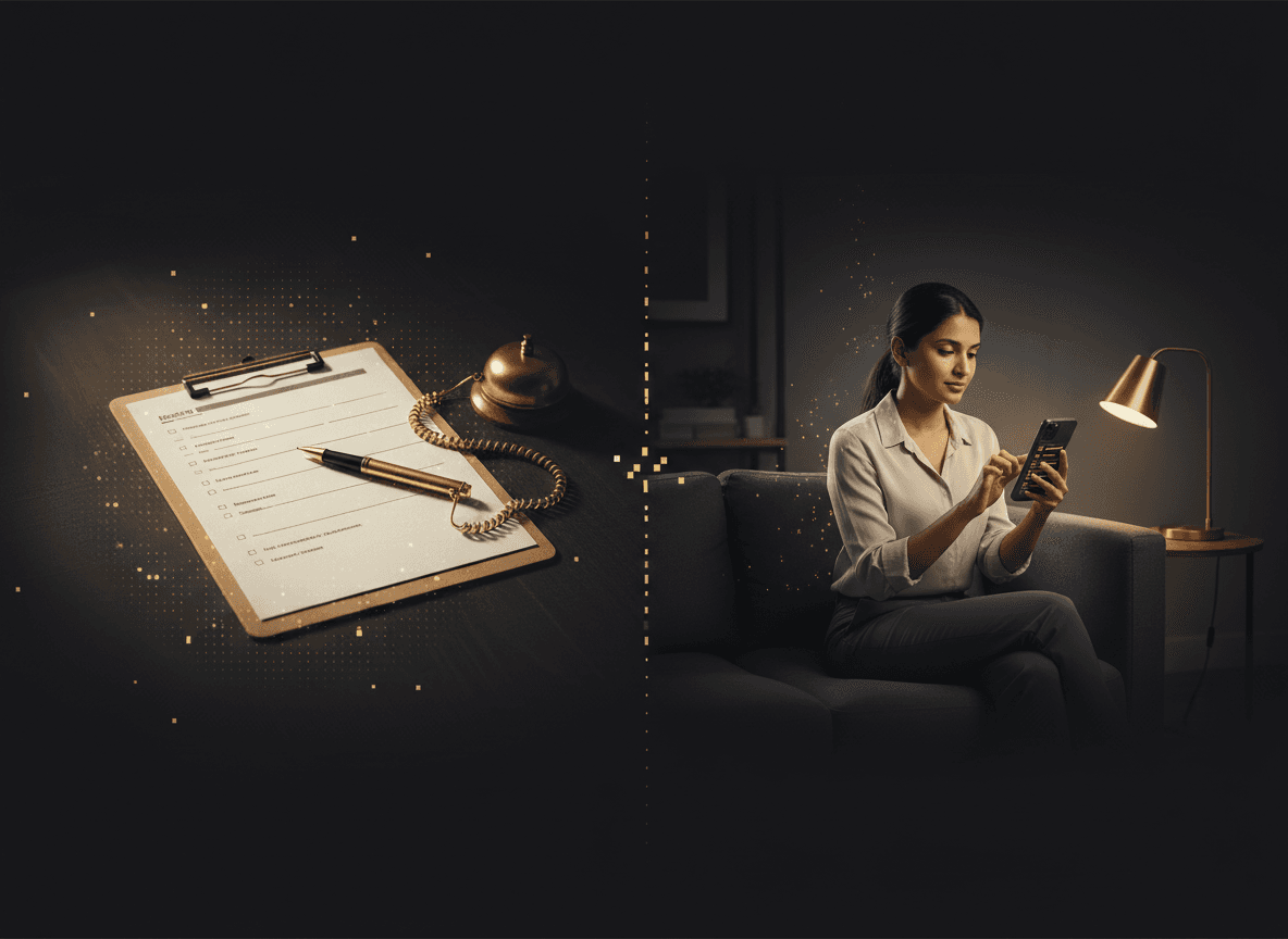 Split image: a paper clipboard with a pen on a chain vs. a patient completing intake on their phone at home — visual contrast of old vs. new.