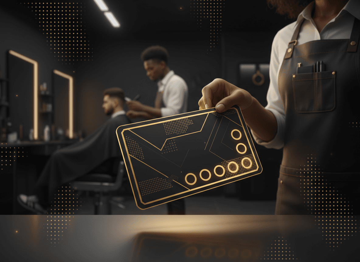 Visual of a prepaid package card (e.g. '6 haircuts for the price of 5') with punch-card style redemption slots.