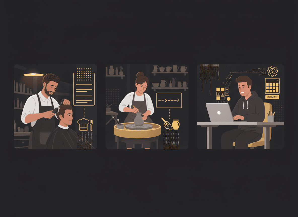 Simple comparison graphic showing three pricing formats: flat menu, 'starting at' range, and instant estimate tool, matched to business types.
