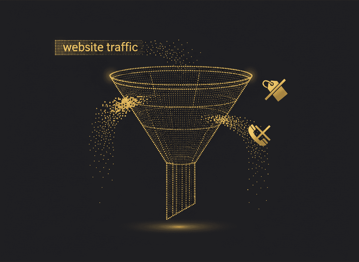 Diagram of a website funnel showing where buyers leak out at the 'no price' and 'must call to book' friction points.