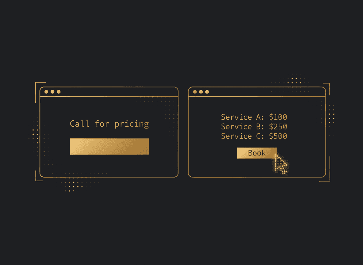 Split-screen mockup: a website with 'Call for pricing' next to one with a clear service menu and prices, buyer cursor hovering a 'Book' button.