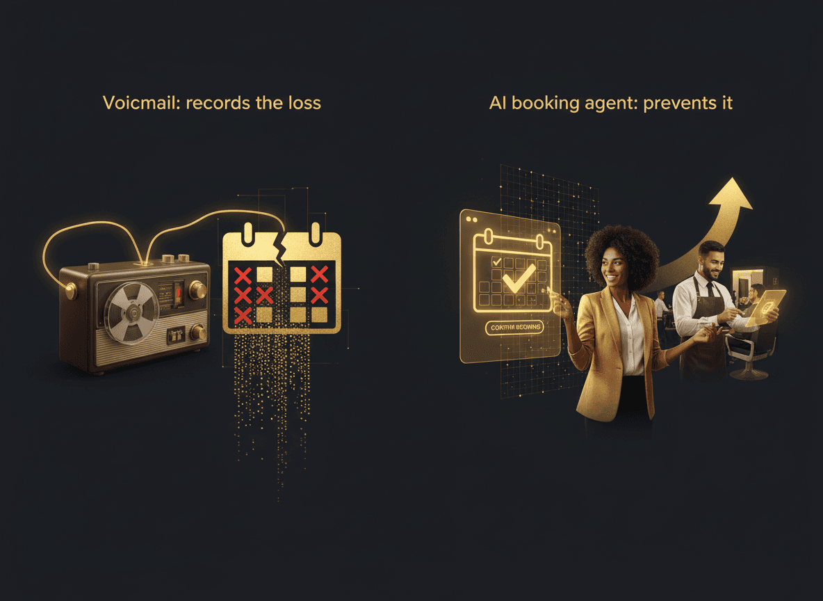 Split-screen graphic: 'Voicemail: records the loss' vs. 'AI booking agent: prevents it,' showing a live calendar booking being confirmed.