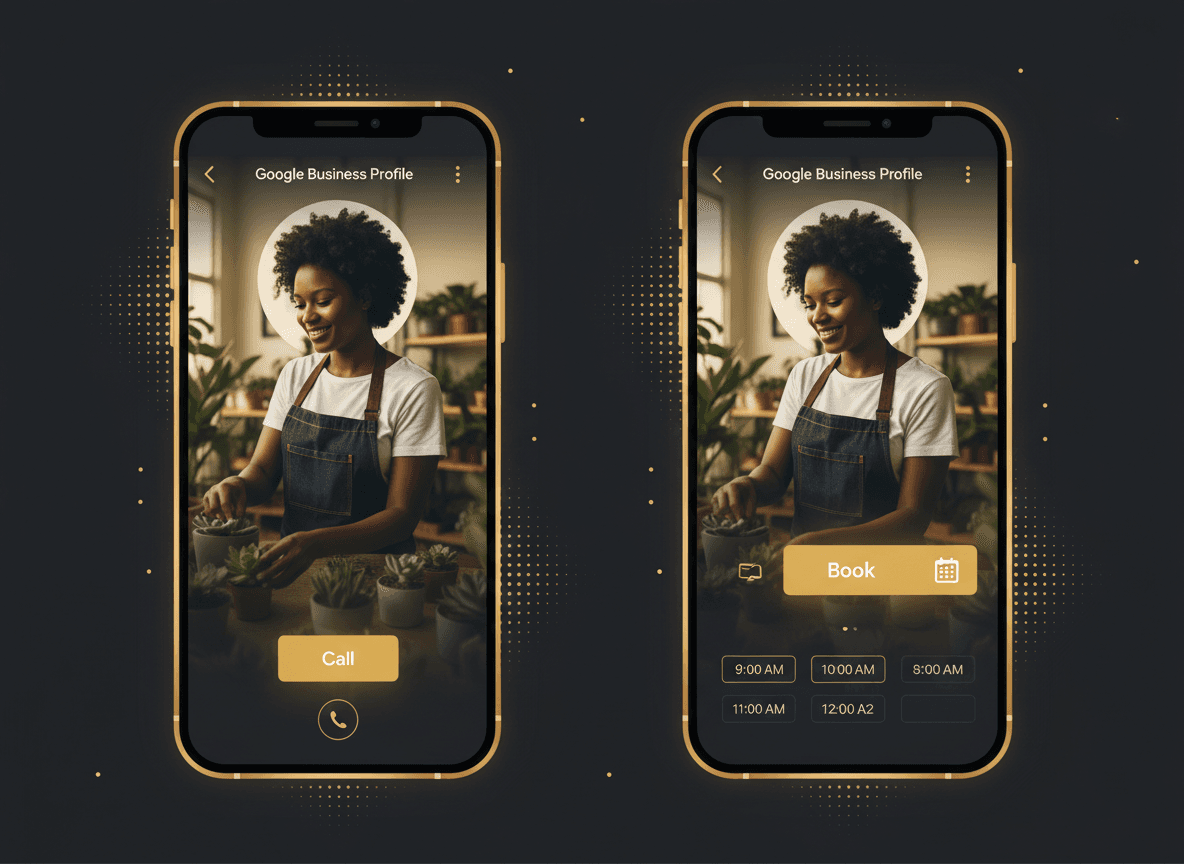 Split-screen phone mockup: left, a Google Business Profile with only a 'Call' button; right, the same profile with a prominent 'Book' button and a time-slot picker.