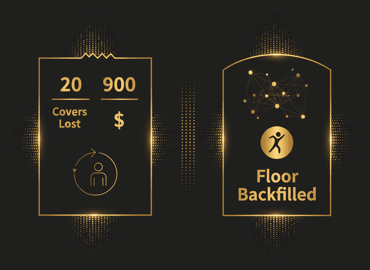 Simple side-by-side comparison graphic: 'Without the system: 20 covers lost / $900' vs 'With the system: floor backfilled' — framed as illustrative math.