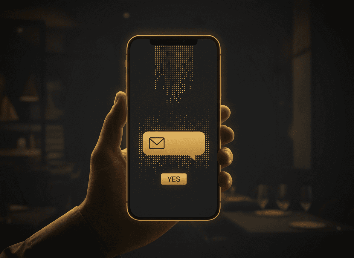 Mockup of an automated text confirmation and waitlist 'your table's ready, reply YES' message on a phone screen.