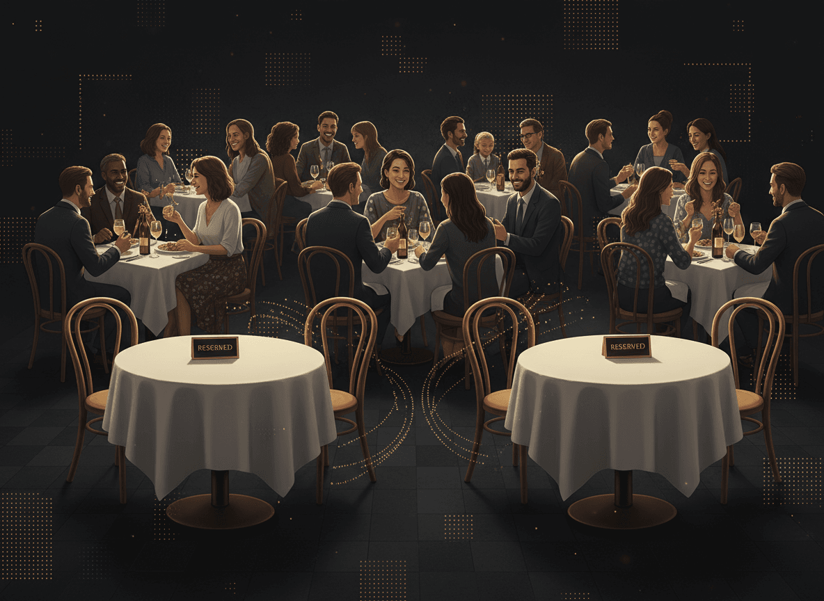 A busy restaurant dining room on a Friday night with a couple of conspicuously empty reserved four-tops, illustrating the cost of no-shows.