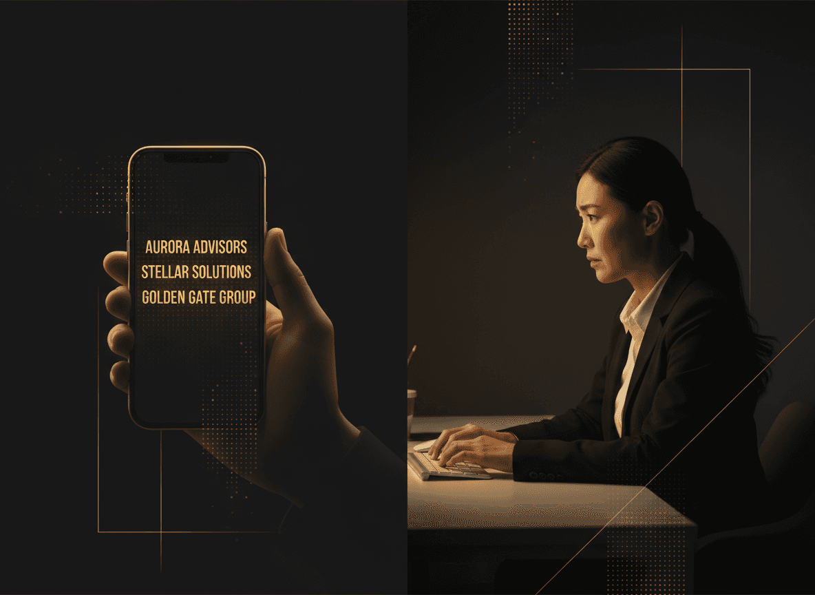 Split-screen visual: a phone showing a ChatGPT answer listing three business names, versus a business owner staring at their site invisible in the results.