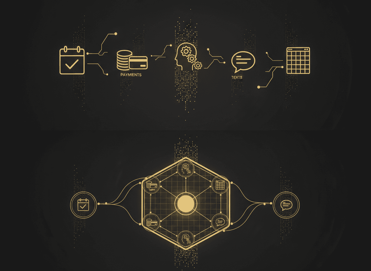 A simple diagram showing five disconnected app icons (booking, payments, CRM, texts, spreadsheet) with broken lines between them, versus one unified dashboard surfacing all five metrics.