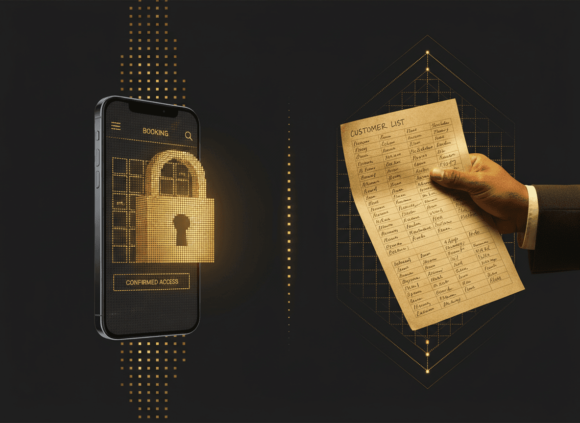 Split image: a padlocked smartphone showing a booking app on one side, an owner's hand holding a printed customer list on the other — visualizing rented access vs. owned data.