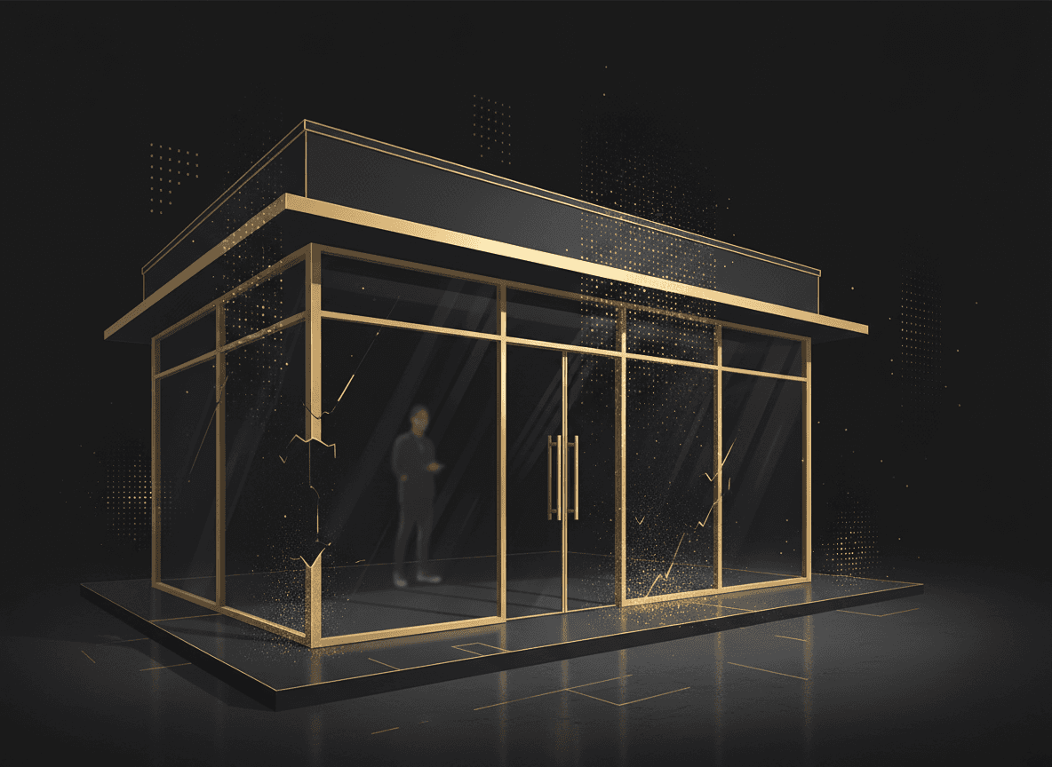A storefront fading into transparency / ghost effect, or a Google search results screenshot with the business nowhere to be found — visual metaphor for the invisible 'ghost business.'