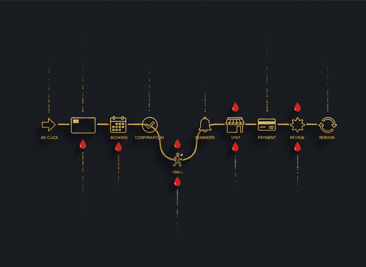Horizontal flow diagram of the leak chain: ad click → landing page → booking → confirmation → reminder → visit → payment → review → rebook, with red drip icons at each weak link.