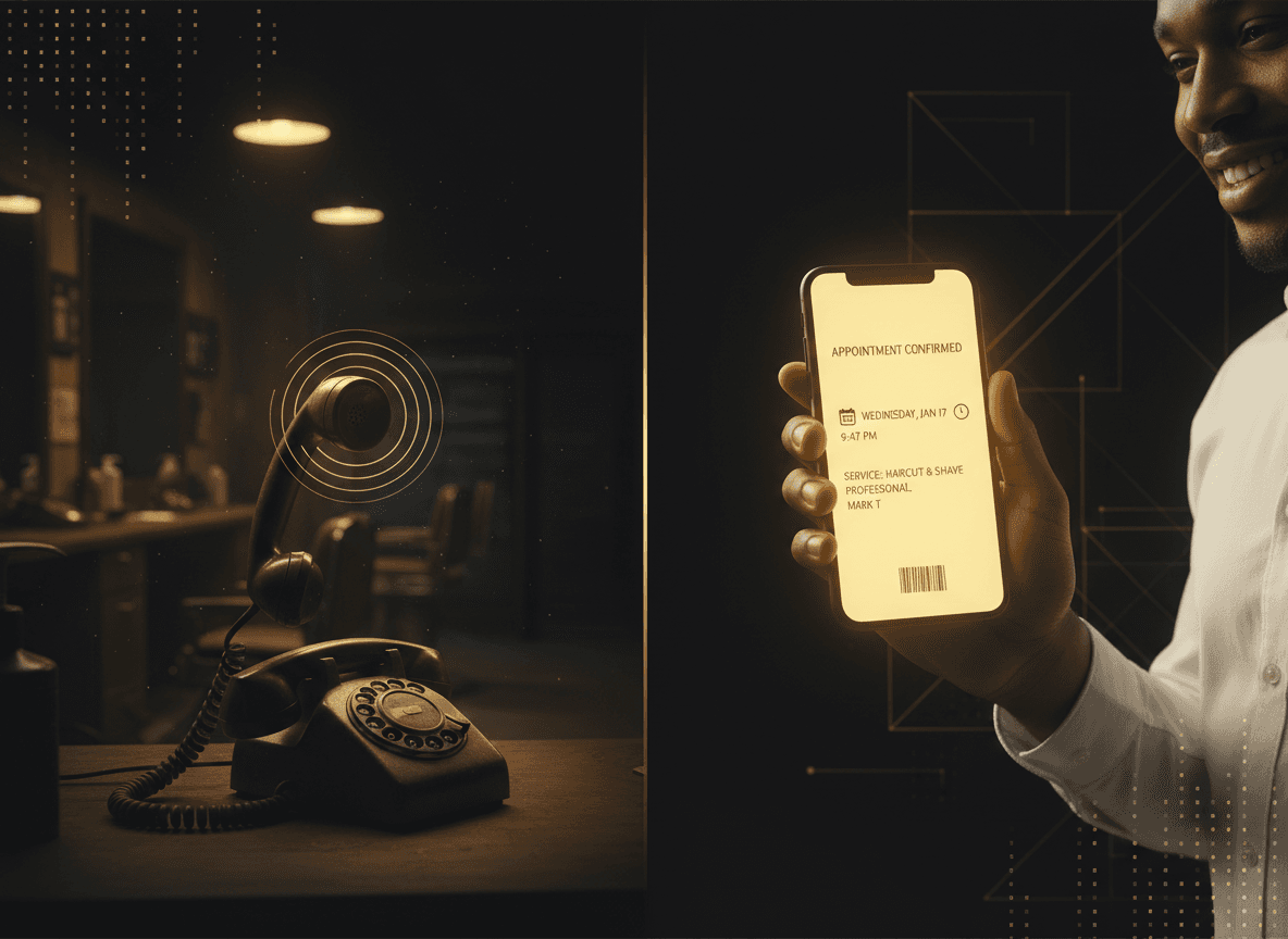 Split image: a dark, empty shop with an unanswered ringing phone on one side, and a glowing phone showing a self-serve booking confirmation at 9:47 PM on the other.