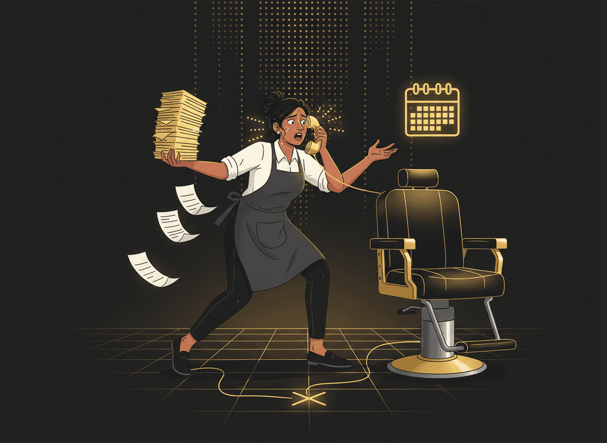 An overwhelmed shop owner juggling a ringing phone, a stack of paper invoices, and a full appointment chair — visualizing the single point of failure.