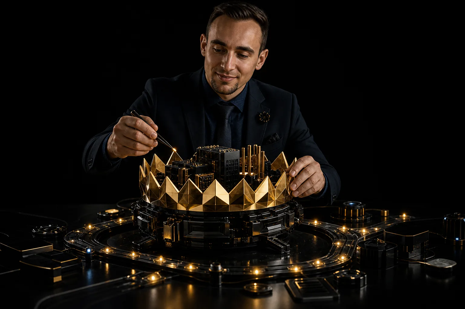 A dark production build scene with a luminous gold engine core shaped by crown geometry.