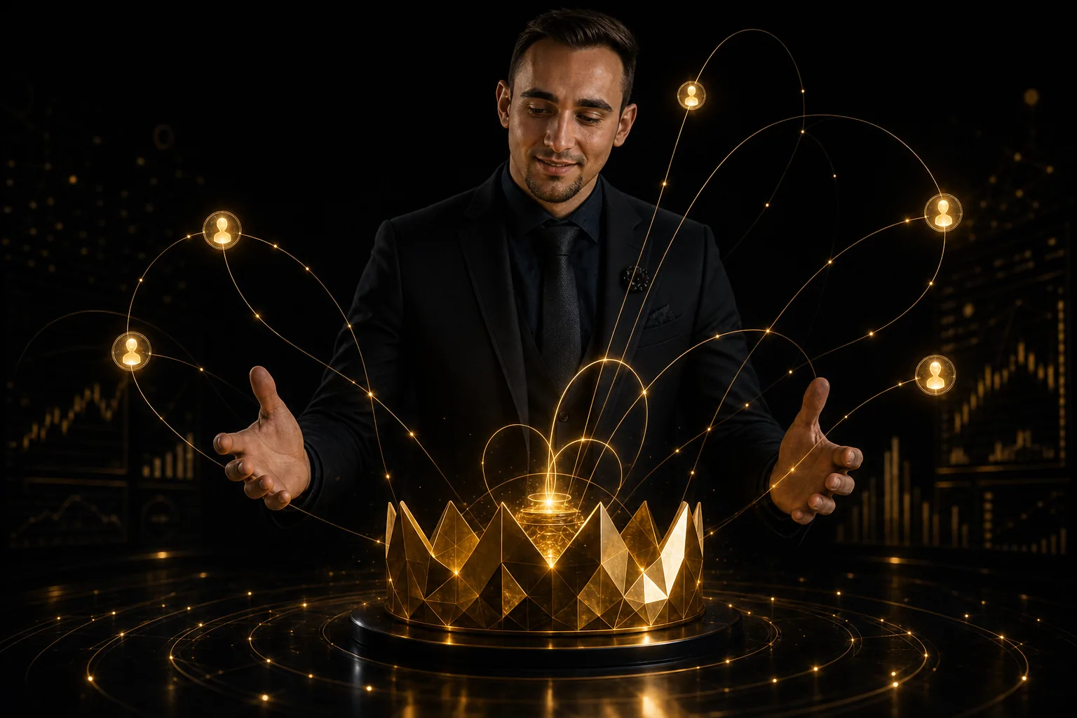 A dark launch scene with a gold crown engine sending connected growth loops upward.