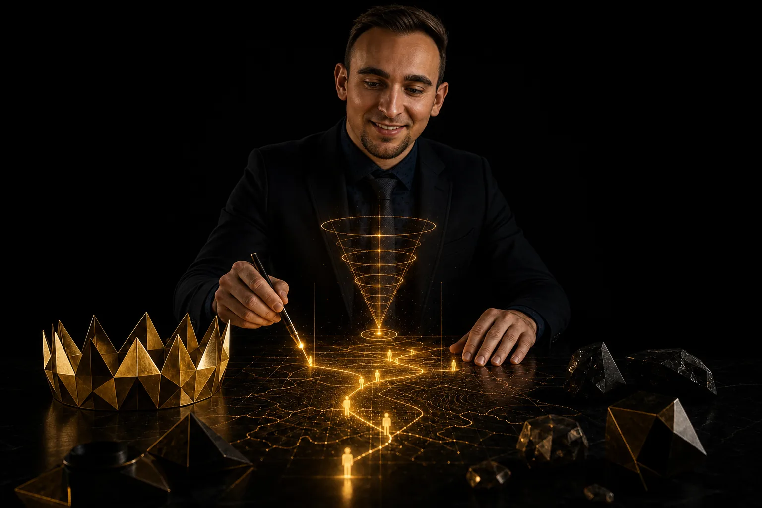 A dark cinematic revenue blueprint scene with a gold funnel and crown geometry.